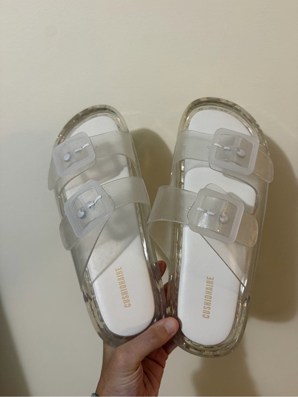 Cushionmare White Clear Jelly Slide Sandals with Double Buckles